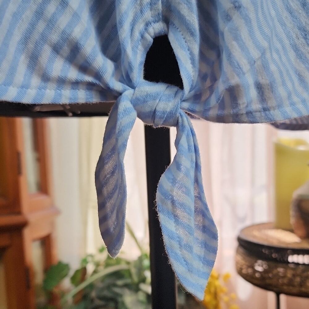 J. JILL | Cute Light Blue White Striped Cap Sleeve Linen Blend Waist Tie Top | M - Picture 4 of 12